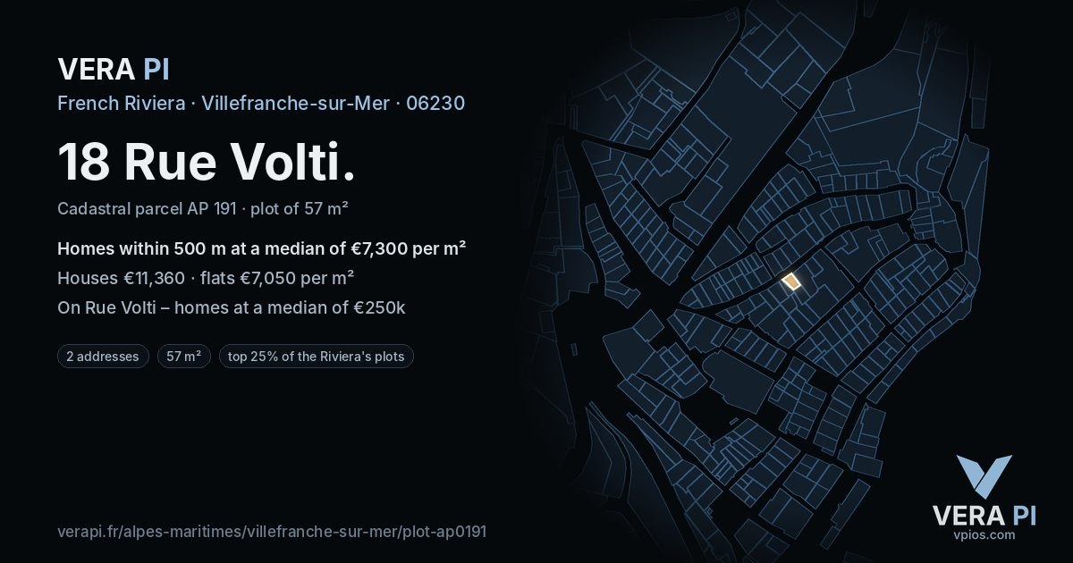18 Rue Volti, Villefranche-sur-Mer at night – the plot lit, the parcels around coloured by the prices near them