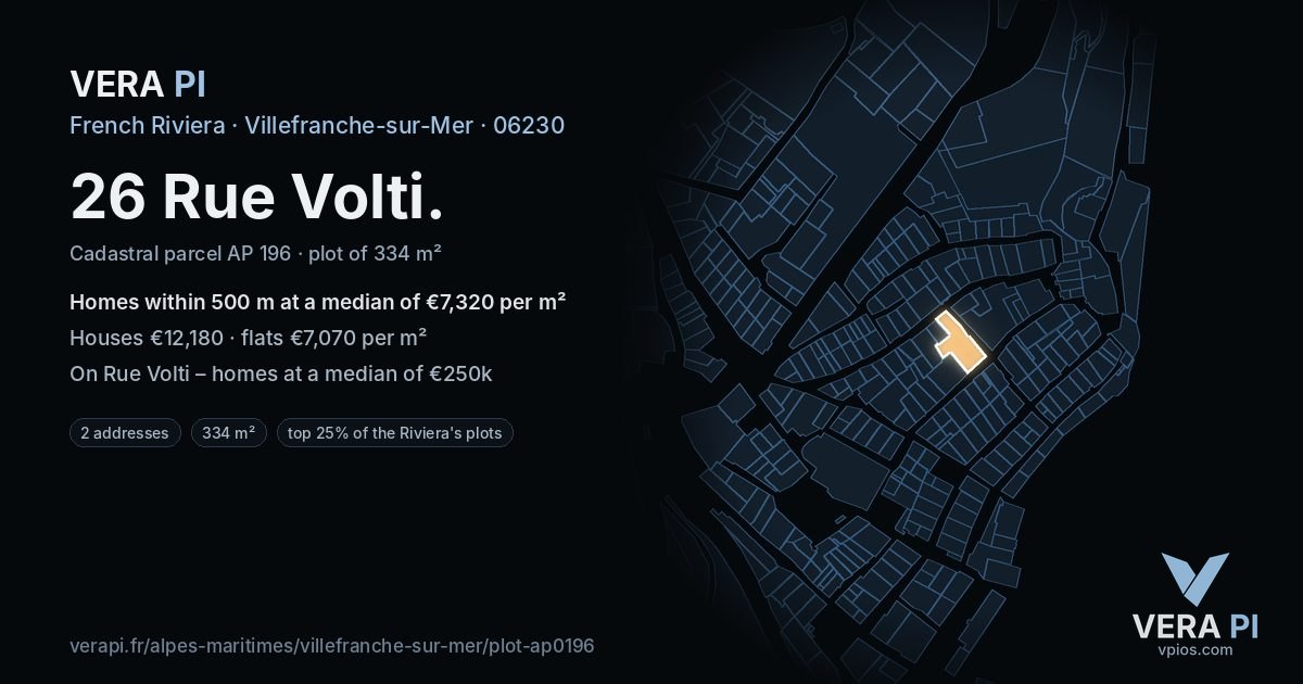 26 Rue Volti, Villefranche-sur-Mer at night – the plot lit, the parcels around coloured by the prices near them