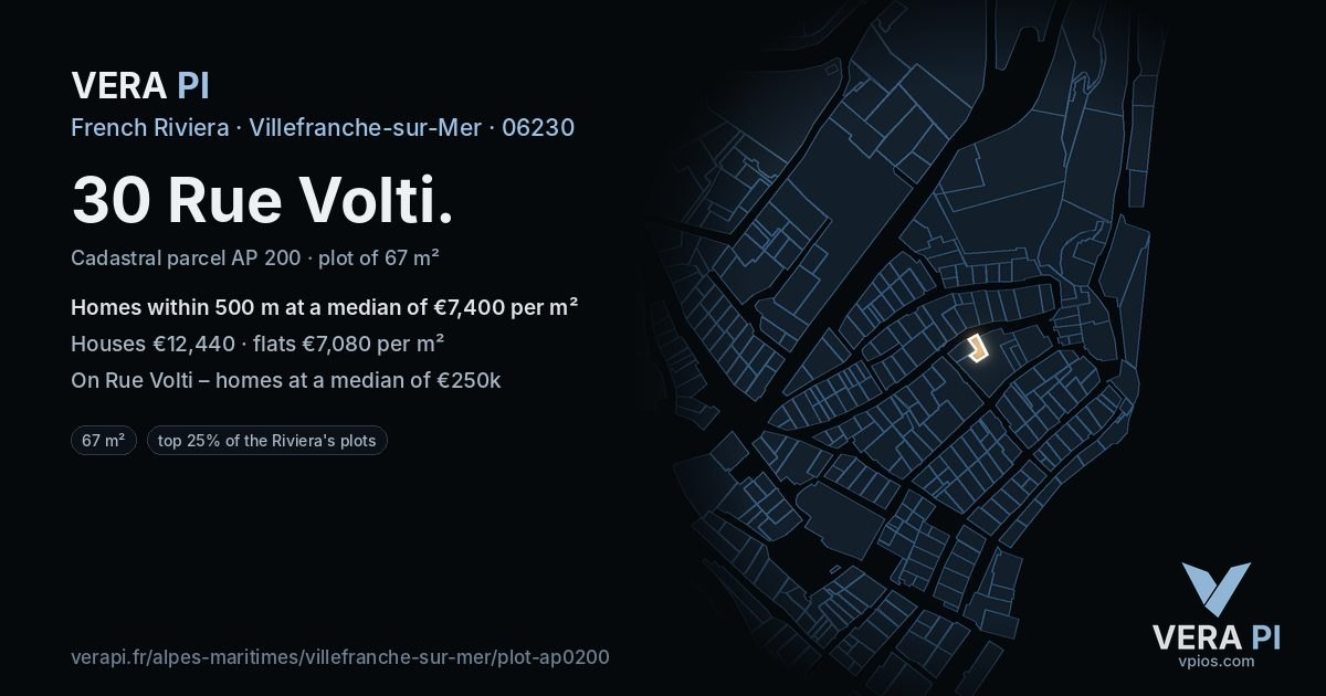 30 Rue Volti, Villefranche-sur-Mer at night – the plot lit, the parcels around coloured by the prices near them