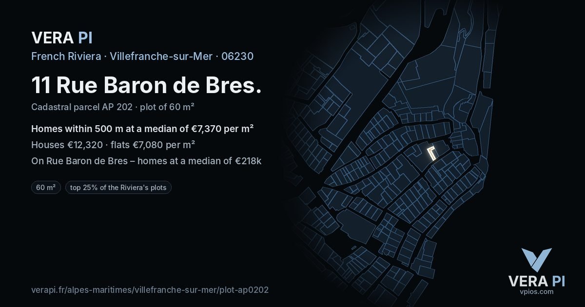11 Rue Baron de Bres, Villefranche-sur-Mer at night – the plot lit, the parcels around coloured by the prices near them