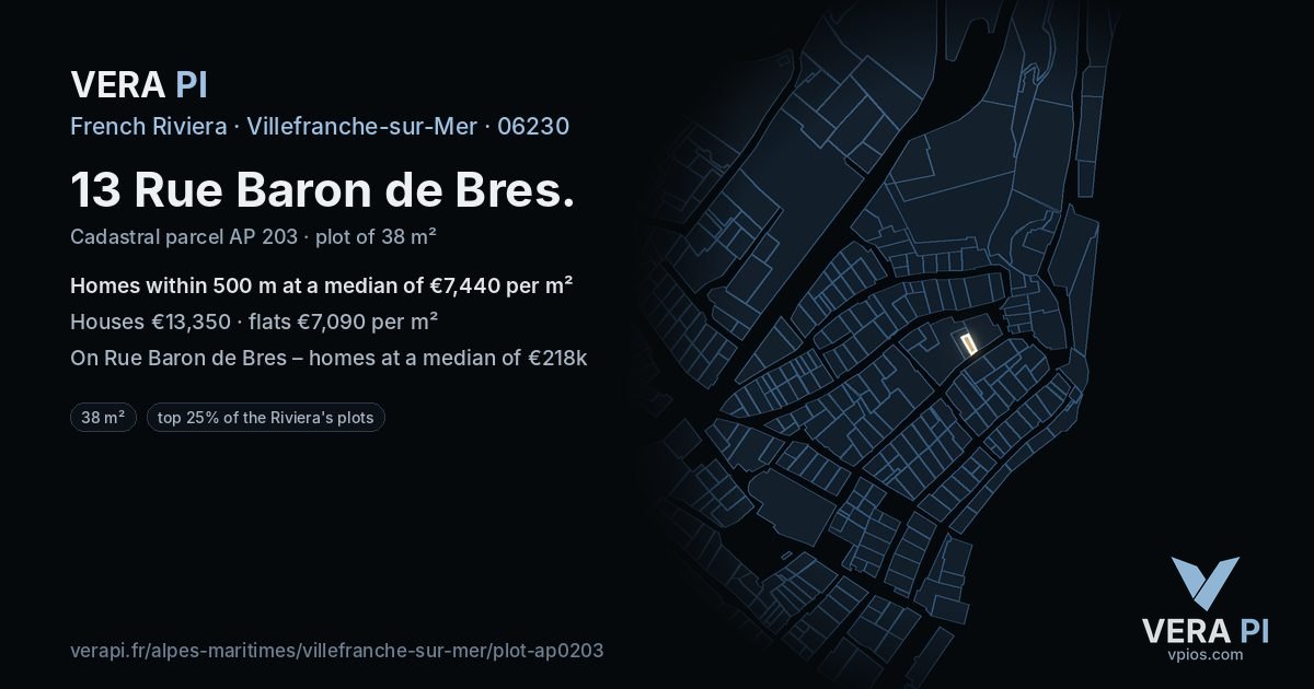 13 Rue Baron de Bres, Villefranche-sur-Mer at night – the plot lit, the parcels around coloured by the prices near them