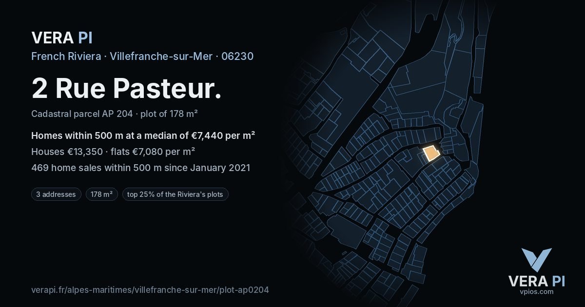 2 Rue Pasteur, Villefranche-sur-Mer at night – the plot lit, the parcels around coloured by the prices near them