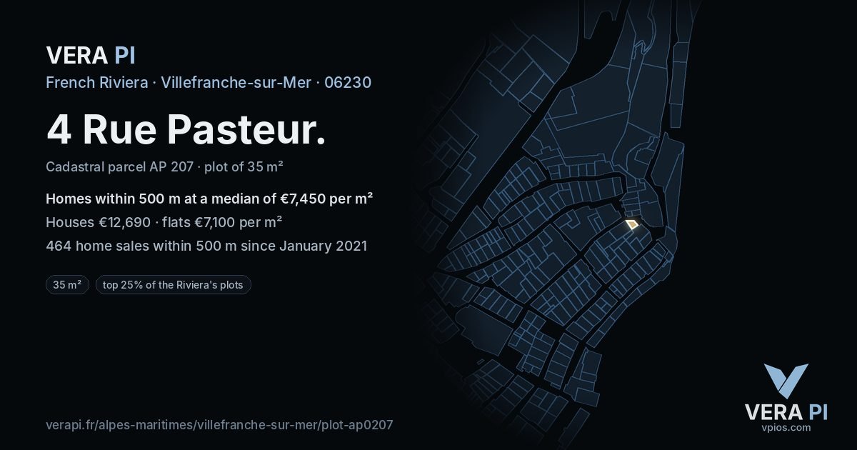 4 Rue Pasteur, Villefranche-sur-Mer at night – the plot lit, the parcels around coloured by the prices near them