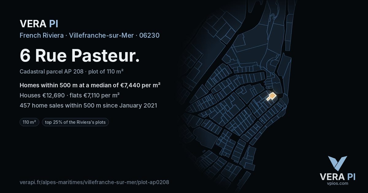 6 Rue Pasteur, Villefranche-sur-Mer at night – the plot lit, the parcels around coloured by the prices near them