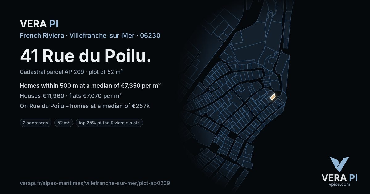 41 Rue du Poilu, Villefranche-sur-Mer at night – the plot lit, the parcels around coloured by the prices near them