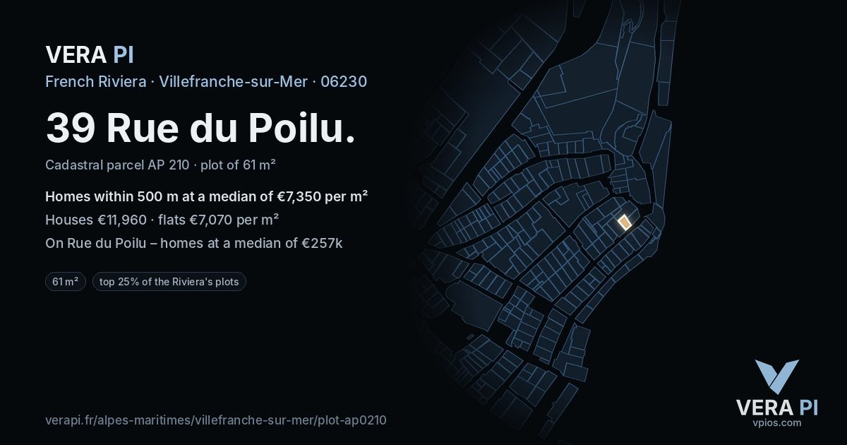 39 Rue du Poilu, Villefranche-sur-Mer at night – the plot lit, the parcels around coloured by the prices near them