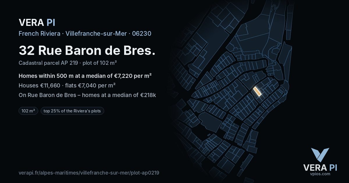 32 Rue Baron de Bres, Villefranche-sur-Mer at night – the plot lit, the parcels around coloured by the prices near them