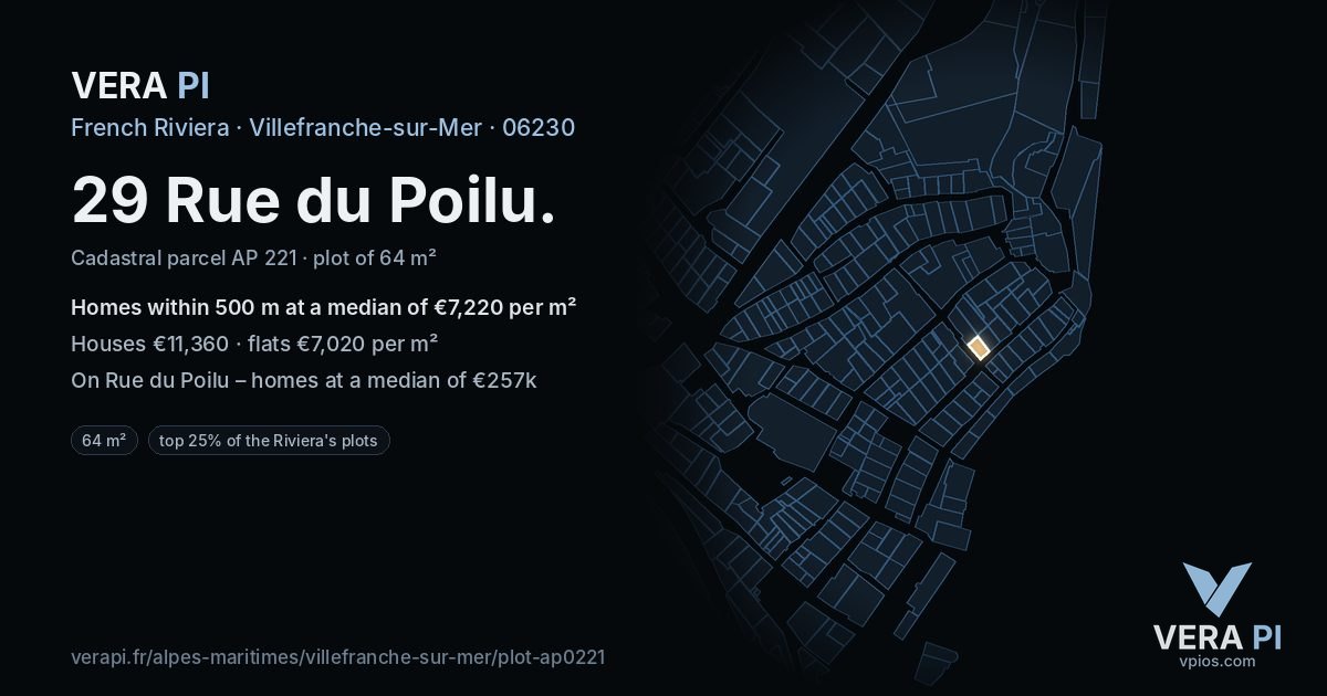29 Rue du Poilu, Villefranche-sur-Mer at night – the plot lit, the parcels around coloured by the prices near them