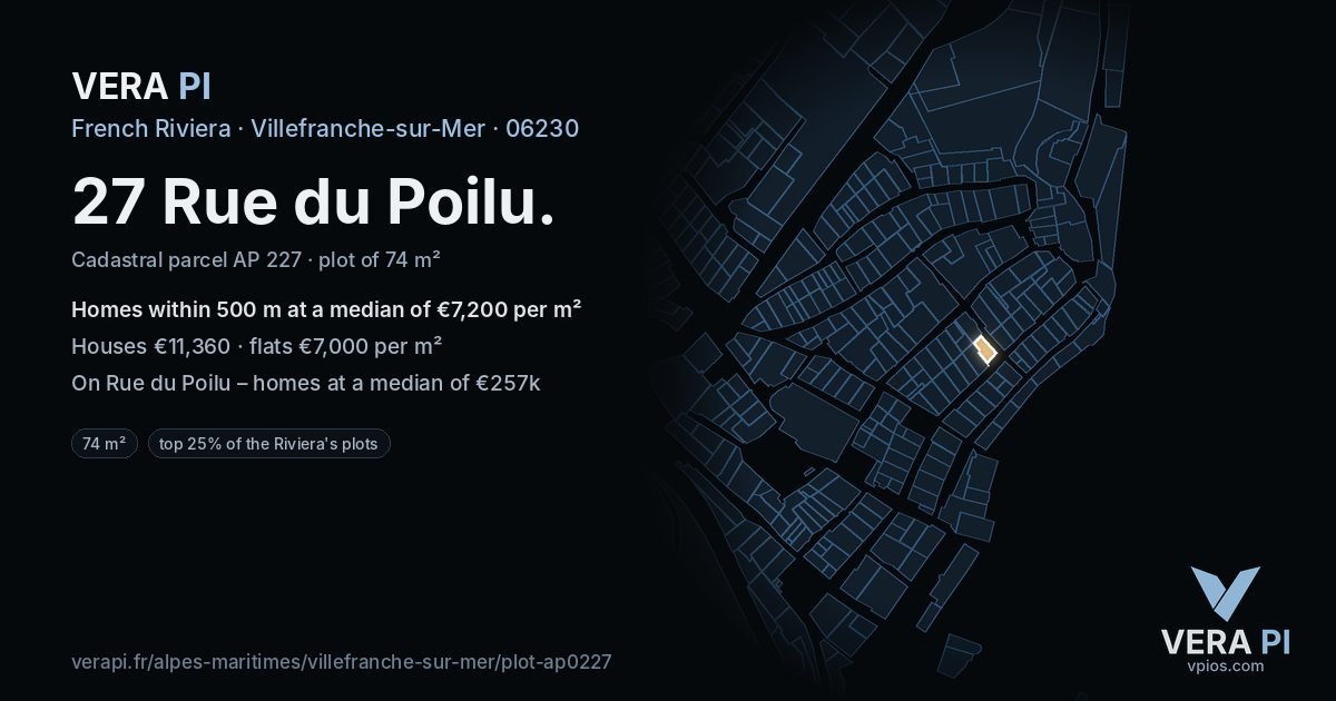 27 Rue du Poilu, Villefranche-sur-Mer at night – the plot lit, the parcels around coloured by the prices near them