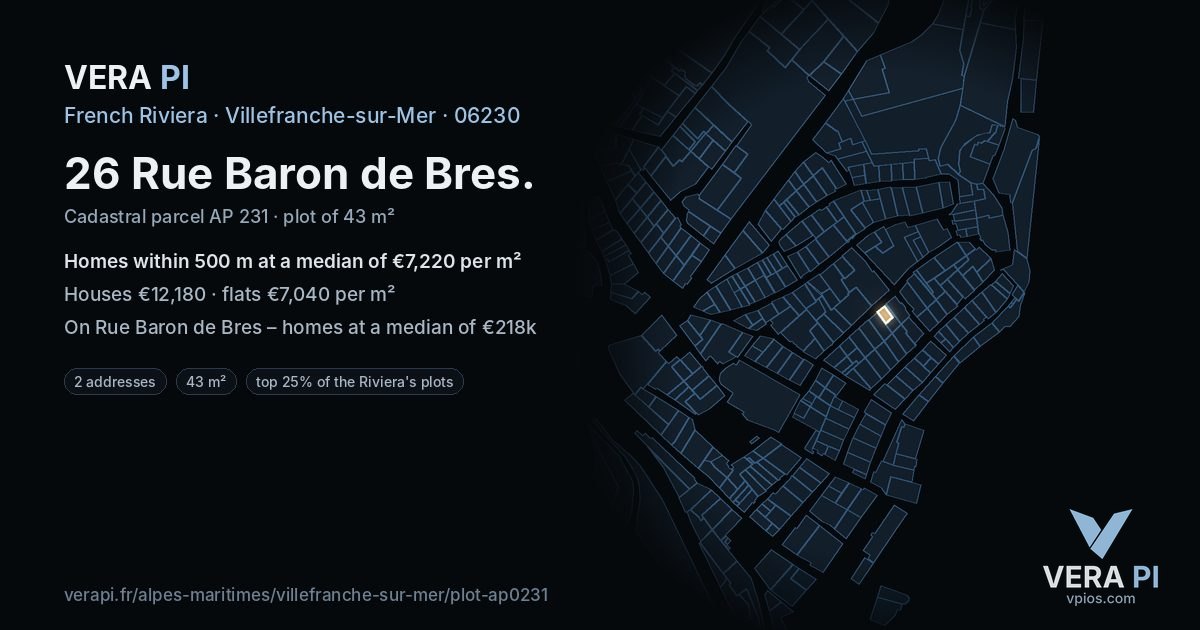 26 Rue Baron de Bres, Villefranche-sur-Mer at night – the plot lit, the parcels around coloured by the prices near them