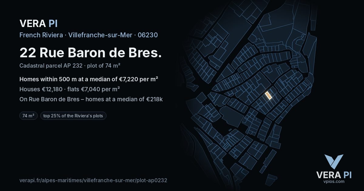 22 Rue Baron de Bres, Villefranche-sur-Mer at night – the plot lit, the parcels around coloured by the prices near them