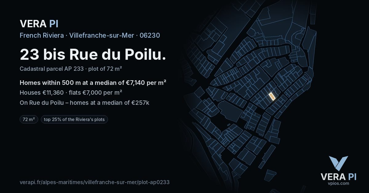 23 bis Rue du Poilu, Villefranche-sur-Mer at night – the plot lit, the parcels around coloured by the prices near them