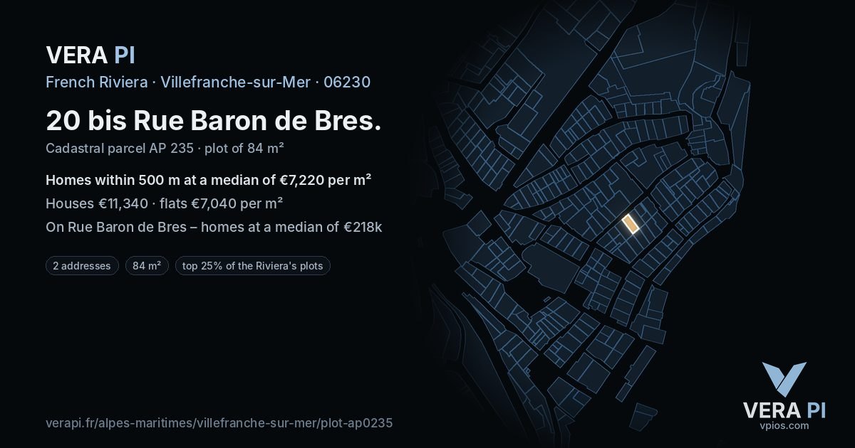20 bis Rue Baron de Bres, Villefranche-sur-Mer at night – the plot lit, the parcels around coloured by the prices near them