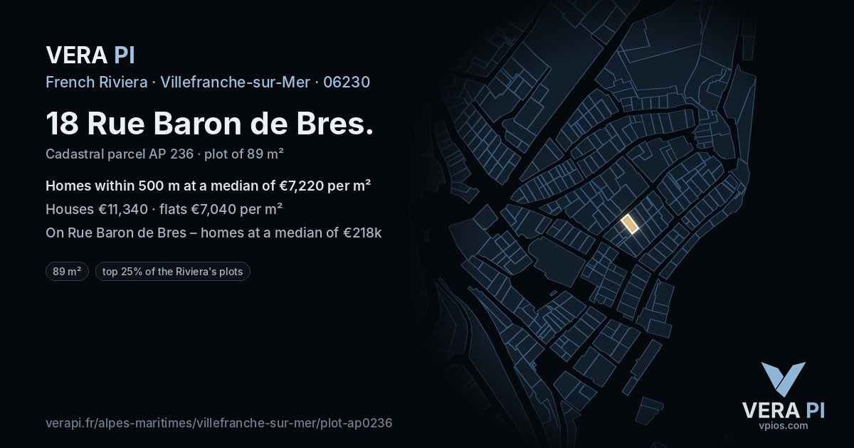18 Rue Baron de Bres, Villefranche-sur-Mer at night – the plot lit, the parcels around coloured by the prices near them