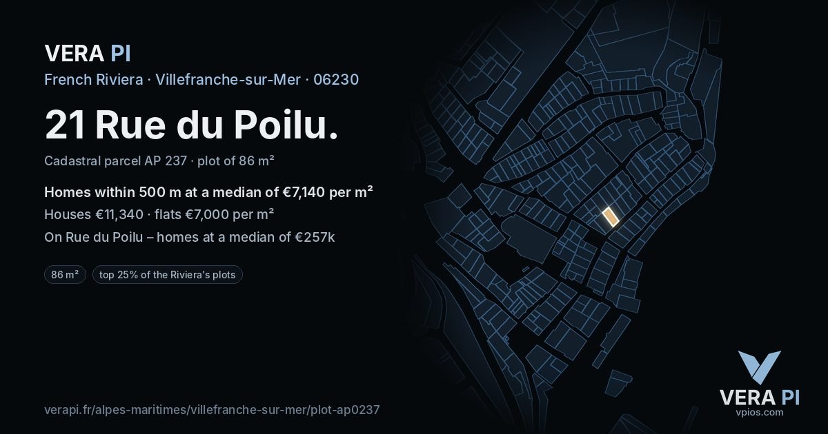 21 Rue du Poilu, Villefranche-sur-Mer at night – the plot lit, the parcels around coloured by the prices near them