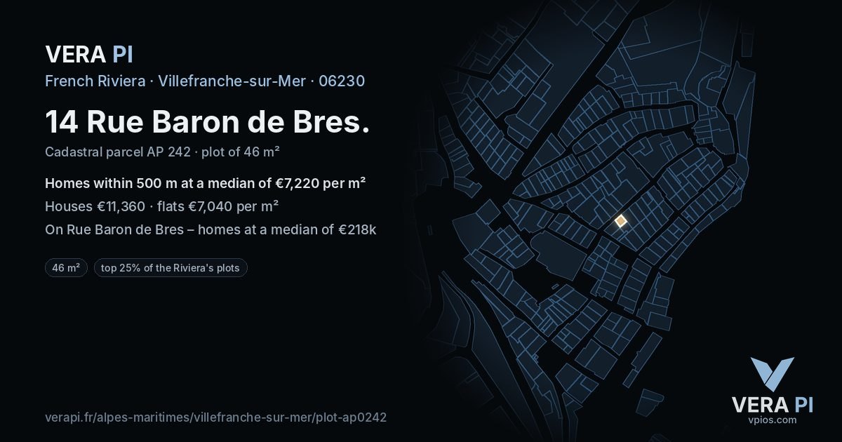 14 Rue Baron de Bres, Villefranche-sur-Mer at night – the plot lit, the parcels around coloured by the prices near them