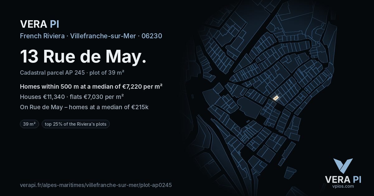 13 Rue de May, Villefranche-sur-Mer at night – the plot lit, the parcels around coloured by the prices near them
