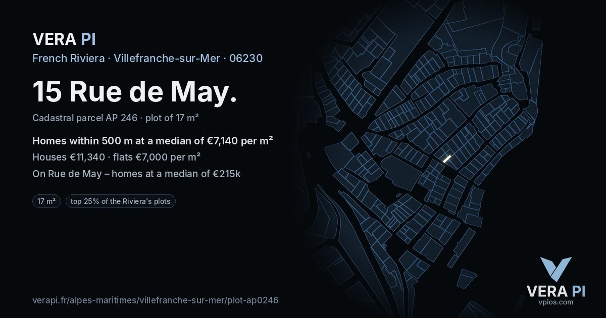 15 Rue de May, Villefranche-sur-Mer at night – the plot lit, the parcels around coloured by the prices near them
