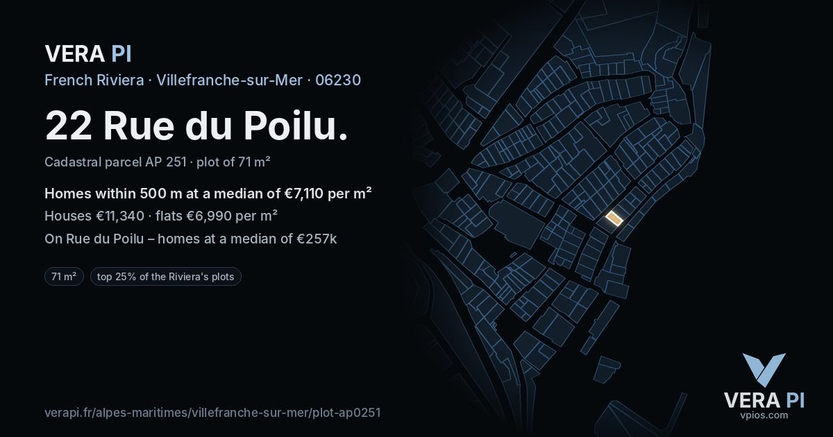 22 Rue du Poilu, Villefranche-sur-Mer at night – the plot lit, the parcels around coloured by the prices near them