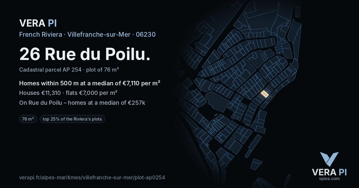 26 Rue du Poilu, Villefranche-sur-Mer at night – the plot lit, the parcels around coloured by the prices near them
