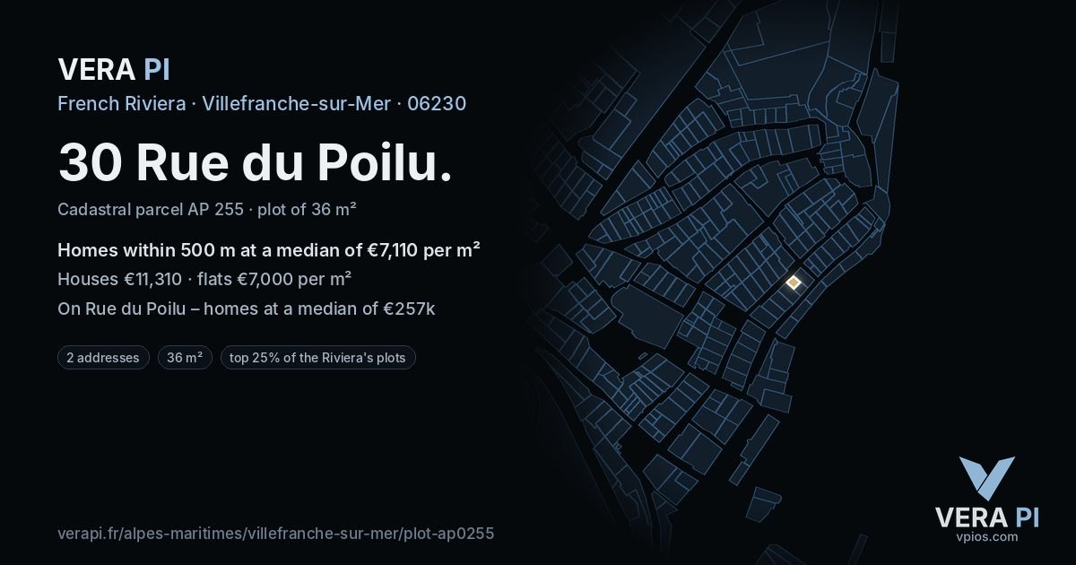 30 Rue du Poilu, Villefranche-sur-Mer at night – the plot lit, the parcels around coloured by the prices near them