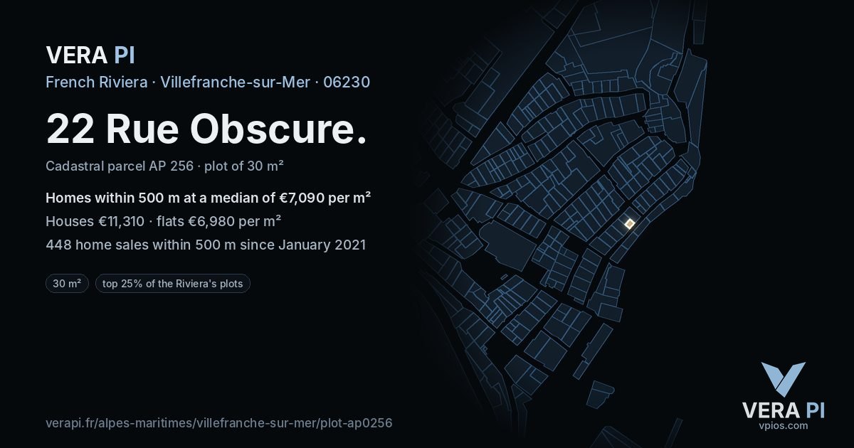22 Rue Obscure, Villefranche-sur-Mer at night – the plot lit, the parcels around coloured by the prices near them