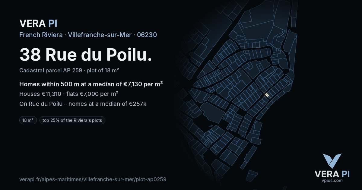 38 Rue du Poilu, Villefranche-sur-Mer at night – the plot lit, the parcels around coloured by the prices near them