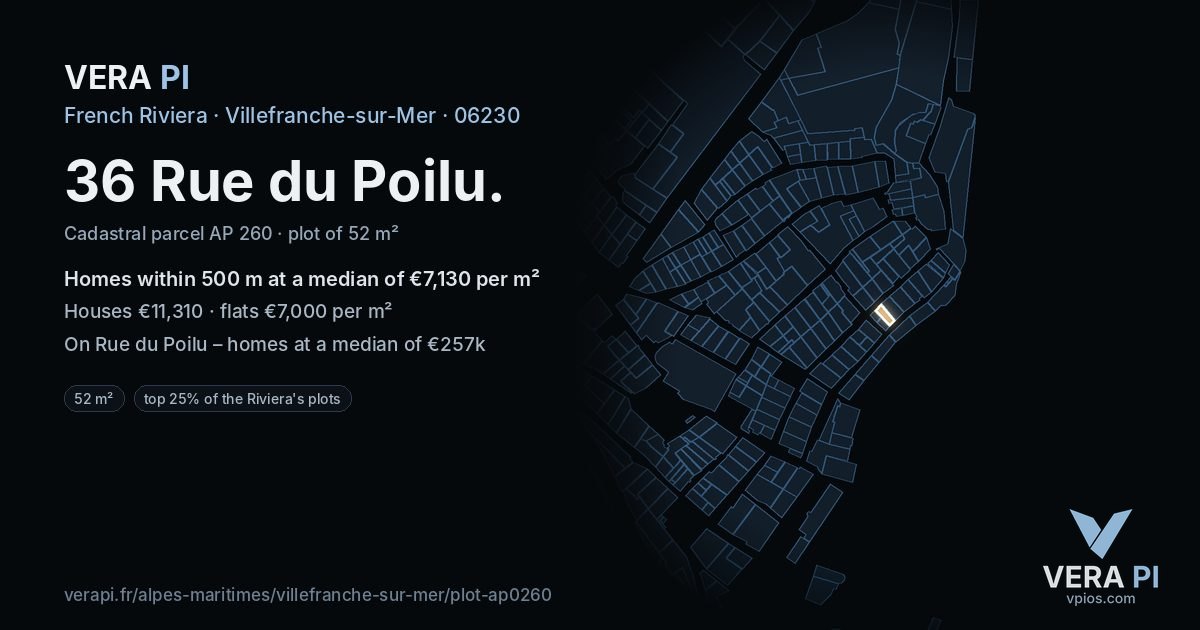 36 Rue du Poilu, Villefranche-sur-Mer at night – the plot lit, the parcels around coloured by the prices near them