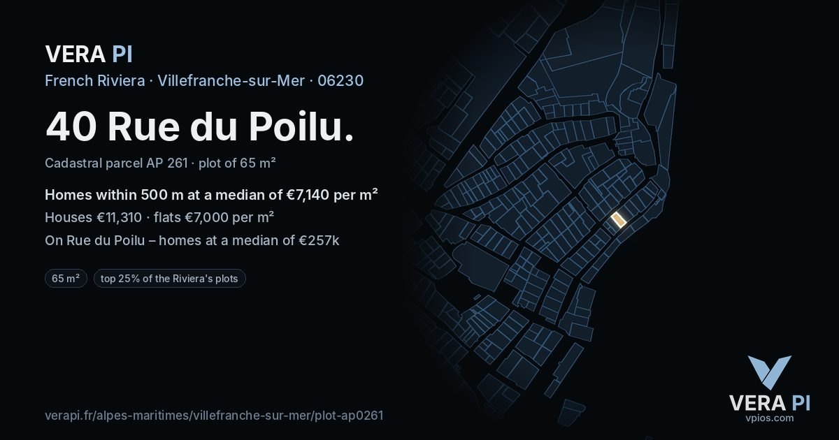 40 Rue du Poilu, Villefranche-sur-Mer at night – the plot lit, the parcels around coloured by the prices near them