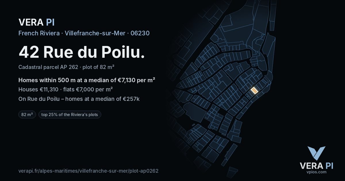 42 Rue du Poilu, Villefranche-sur-Mer at night – the plot lit, the parcels around coloured by the prices near them