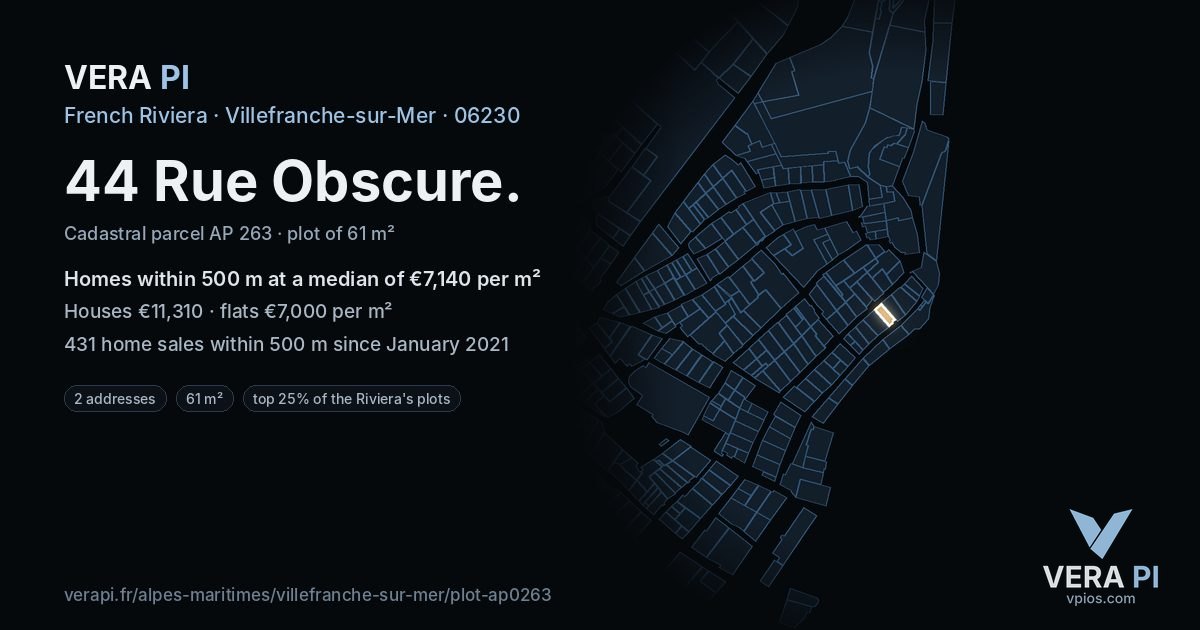 44 Rue Obscure, Villefranche-sur-Mer at night – the plot lit, the parcels around coloured by the prices near them