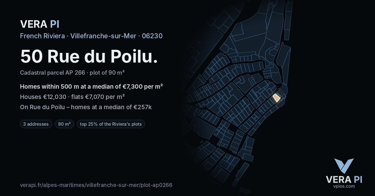50 Rue du Poilu, Villefranche-sur-Mer at night – the plot lit, the parcels around coloured by the prices near them