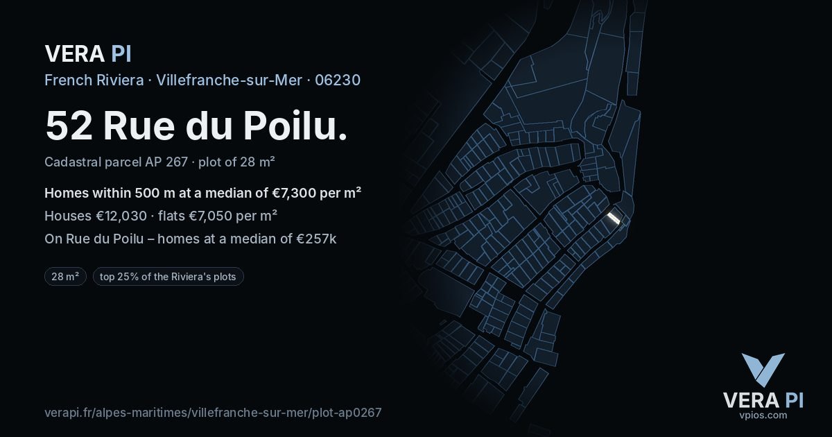 52 Rue du Poilu, Villefranche-sur-Mer at night – the plot lit, the parcels around coloured by the prices near them