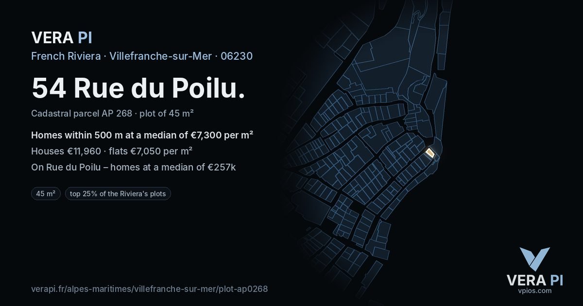 54 Rue du Poilu, Villefranche-sur-Mer at night – the plot lit, the parcels around coloured by the prices near them