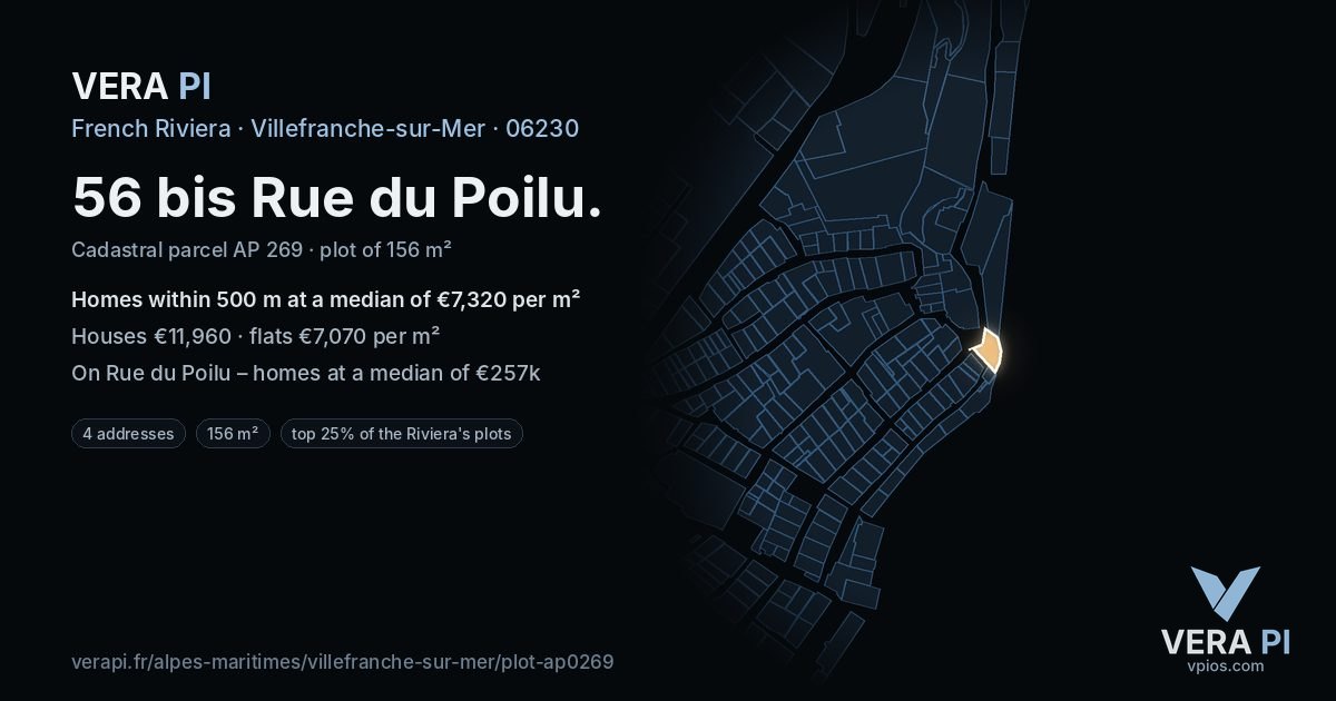 56 bis Rue du Poilu, Villefranche-sur-Mer at night – the plot lit, the parcels around coloured by the prices near them