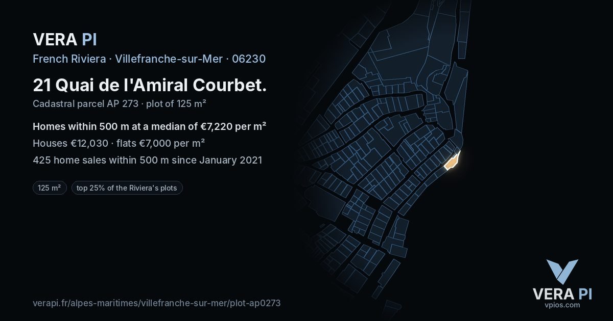 21 Quai de l'Amiral Courbet, Villefranche-sur-Mer at night – the plot lit, the parcels around coloured by the prices near them