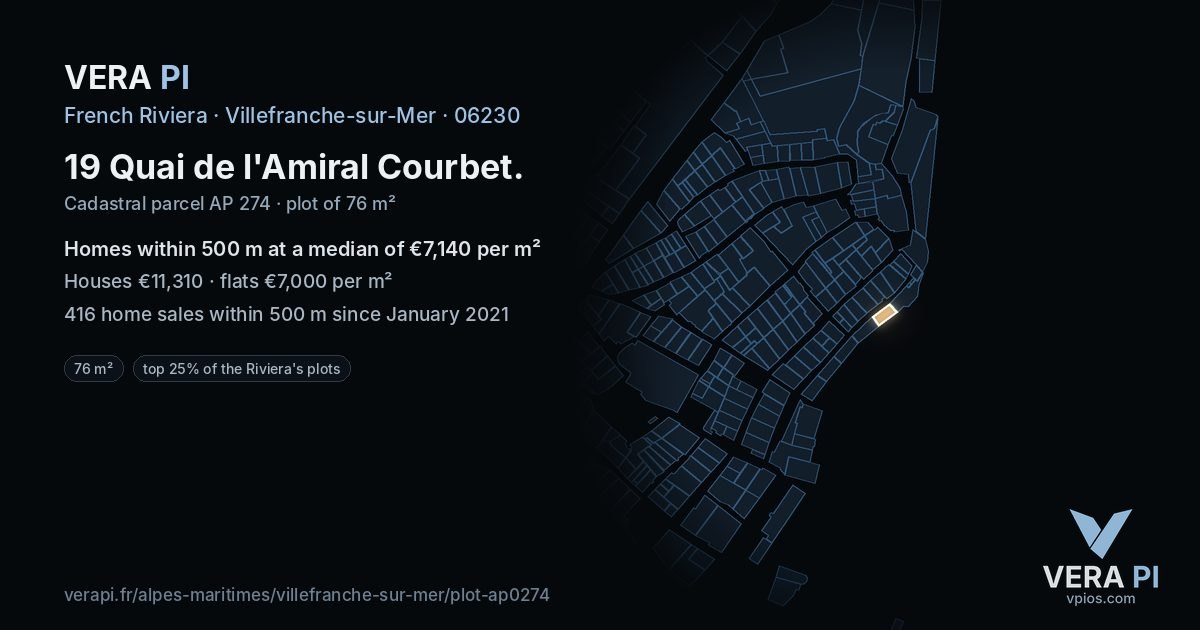 19 Quai de l'Amiral Courbet, Villefranche-sur-Mer at night – the plot lit, the parcels around coloured by the prices near them