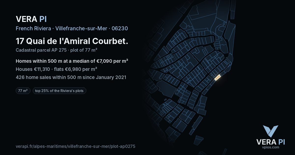 17 Quai de l'Amiral Courbet, Villefranche-sur-Mer at night – the plot lit, the parcels around coloured by the prices near them