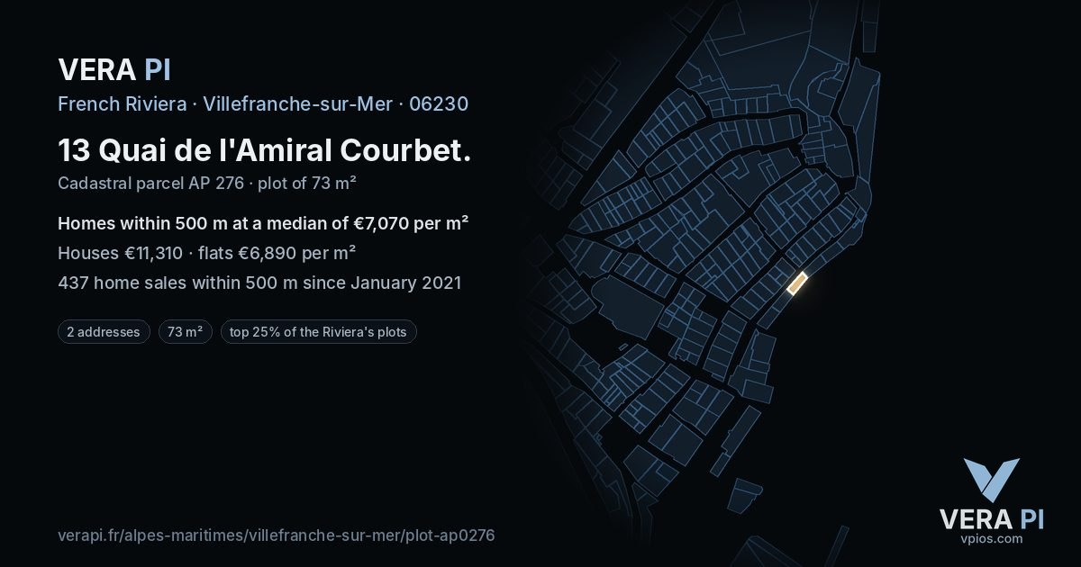 13 Quai de l'Amiral Courbet, Villefranche-sur-Mer at night – the plot lit, the parcels around coloured by the prices near them
