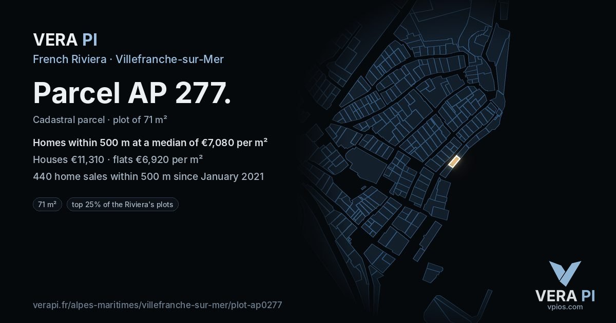 Parcel AP 277, Villefranche-sur-Mer at night – the plot lit, the parcels around coloured by the prices near them