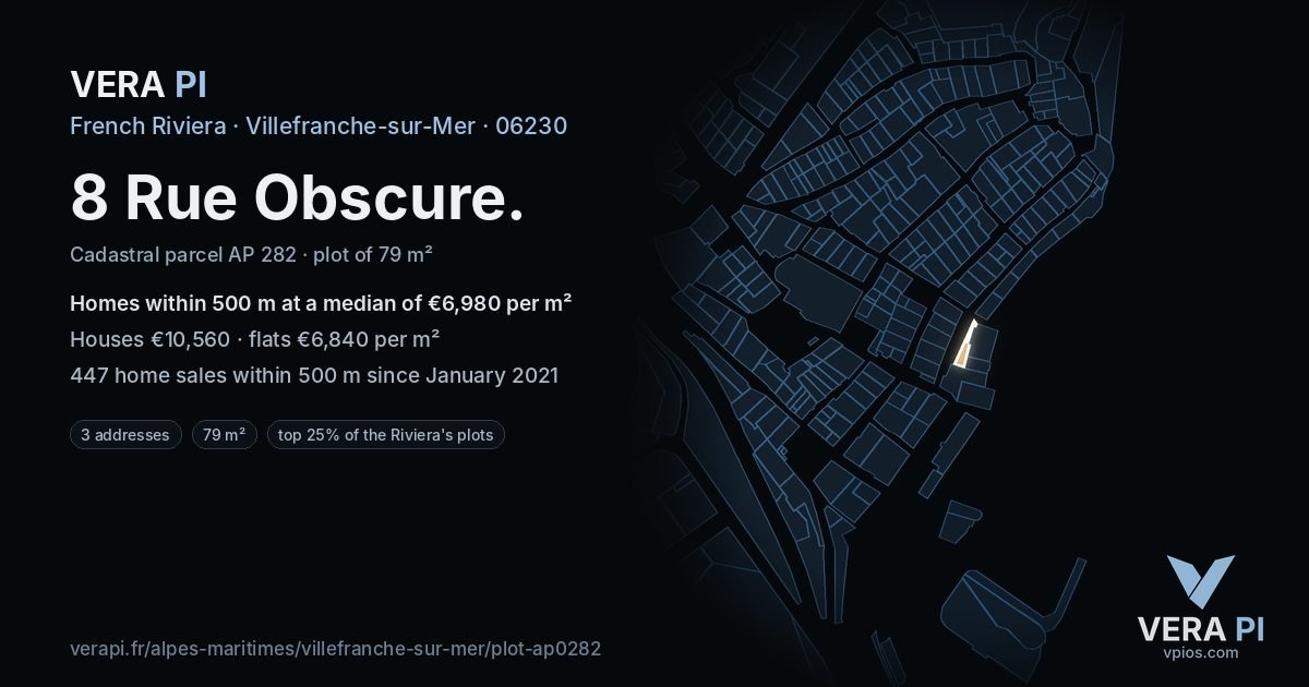 8 Rue Obscure, Villefranche-sur-Mer at night – the plot lit, the parcels around coloured by the prices near them
