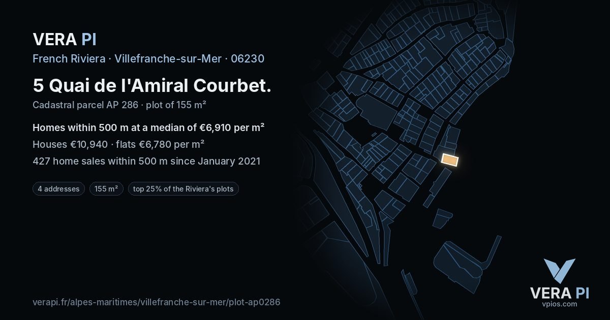 5 Quai de l'Amiral Courbet, Villefranche-sur-Mer at night – the plot lit, the parcels around coloured by the prices near them
