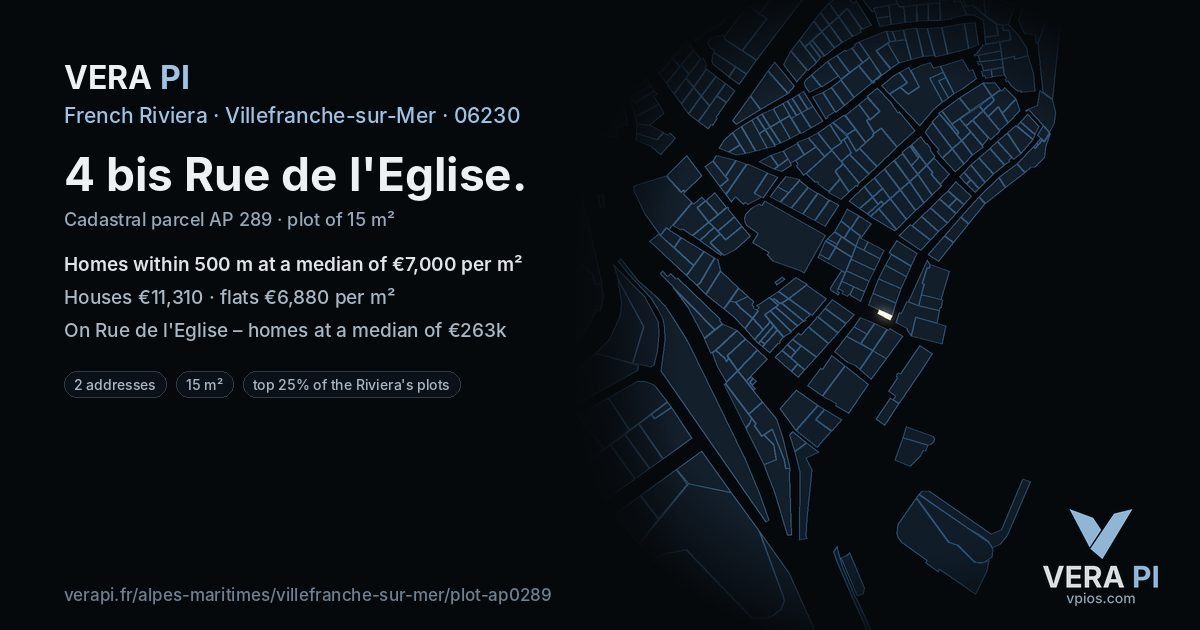 4 bis Rue de l'Eglise, Villefranche-sur-Mer at night – the plot lit, the parcels around coloured by the prices near them