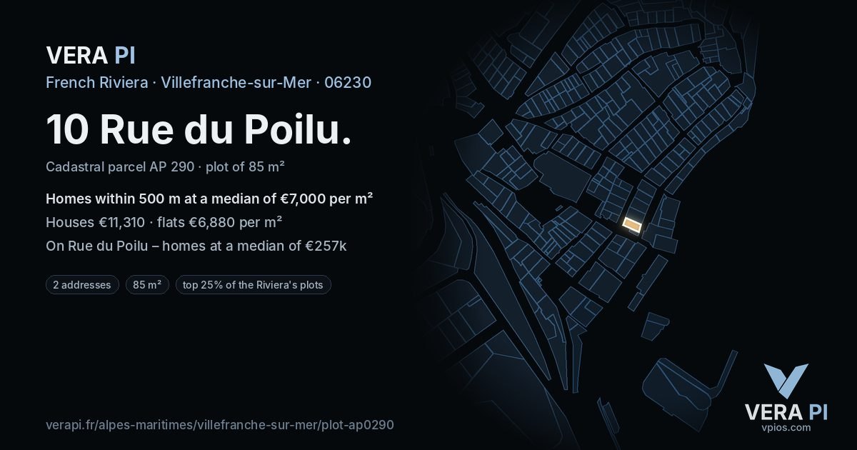 10 Rue du Poilu, Villefranche-sur-Mer at night – the plot lit, the parcels around coloured by the prices near them