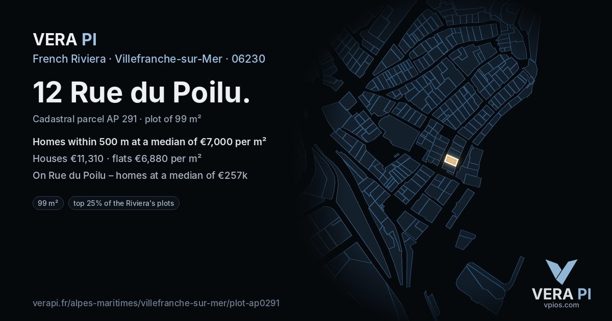 12 Rue du Poilu, Villefranche-sur-Mer at night – the plot lit, the parcels around coloured by the prices near them
