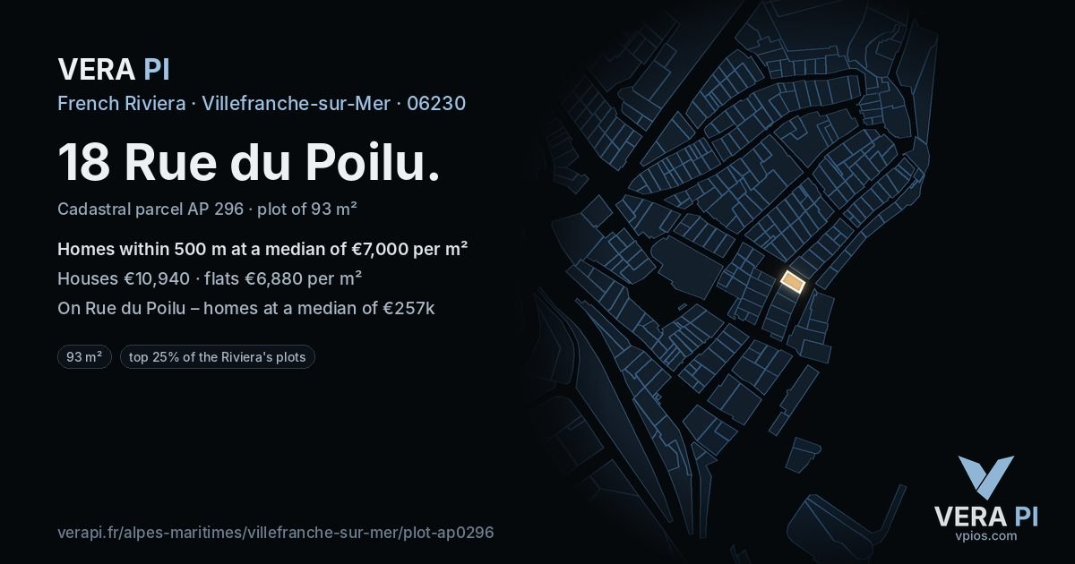 18 Rue du Poilu, Villefranche-sur-Mer at night – the plot lit, the parcels around coloured by the prices near them