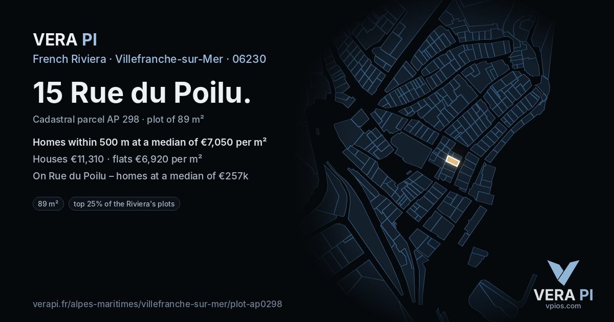 15 Rue du Poilu, Villefranche-sur-Mer at night – the plot lit, the parcels around coloured by the prices near them