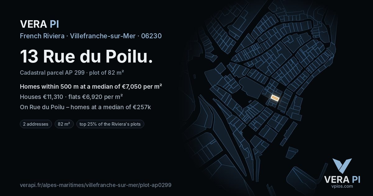 13 Rue du Poilu, Villefranche-sur-Mer at night – the plot lit, the parcels around coloured by the prices near them