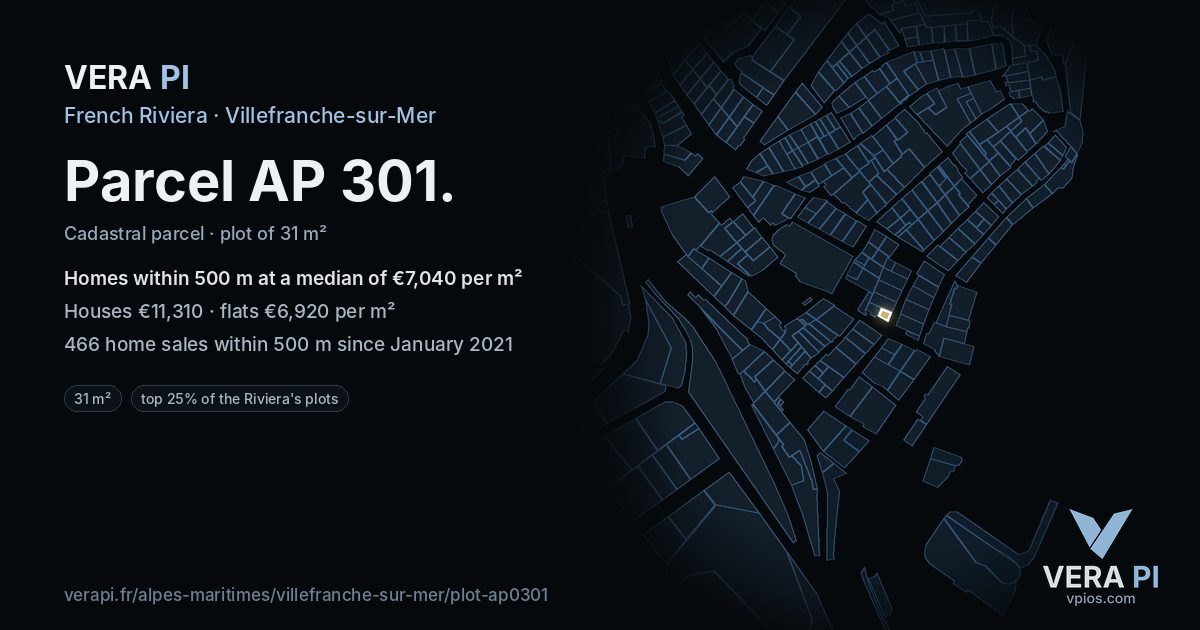 Parcel AP 301, Villefranche-sur-Mer at night – the plot lit, the parcels around coloured by the prices near them