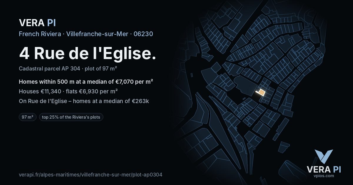 4 Rue de l'Eglise, Villefranche-sur-Mer at night – the plot lit, the parcels around coloured by the prices near them